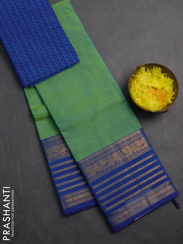 Chettinad cotton saree teal green and blue with plain body and long zari woven border