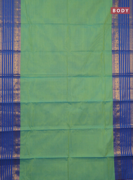 Chettinad cotton saree teal green and blue with plain body and long zari woven border