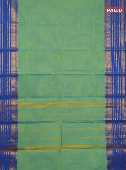 Chettinad cotton saree teal green and blue with plain body and long zari woven border