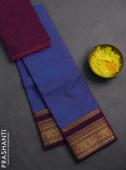 Chettinad cotton saree blue and purple with plain body and zari woven border
