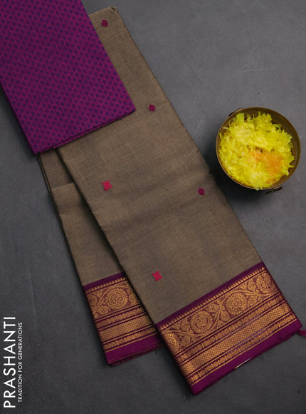 Chettinad cotton saree chiku and purple with thread woven buttas and zari woven border
