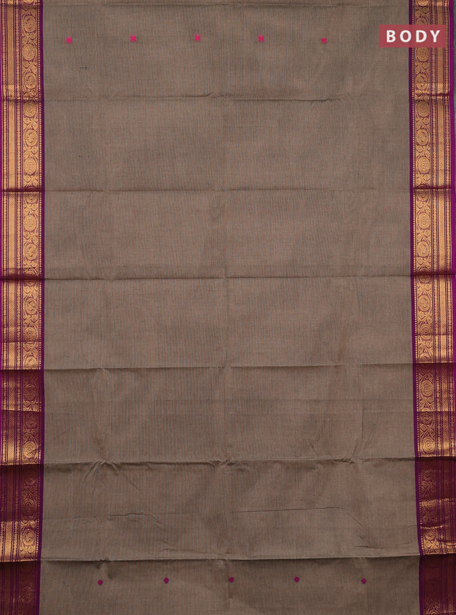 Chettinad cotton saree chiku and purple with thread woven buttas and zari woven border