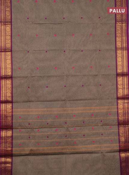 Chettinad cotton saree chiku and purple with thread woven buttas and zari woven border