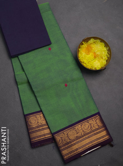 Chettinad cotton saree light green and violet with thread woven buttas and zari woven border