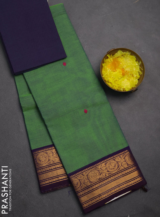 Chettinad cotton saree light green and violet with thread woven buttas and zari woven border