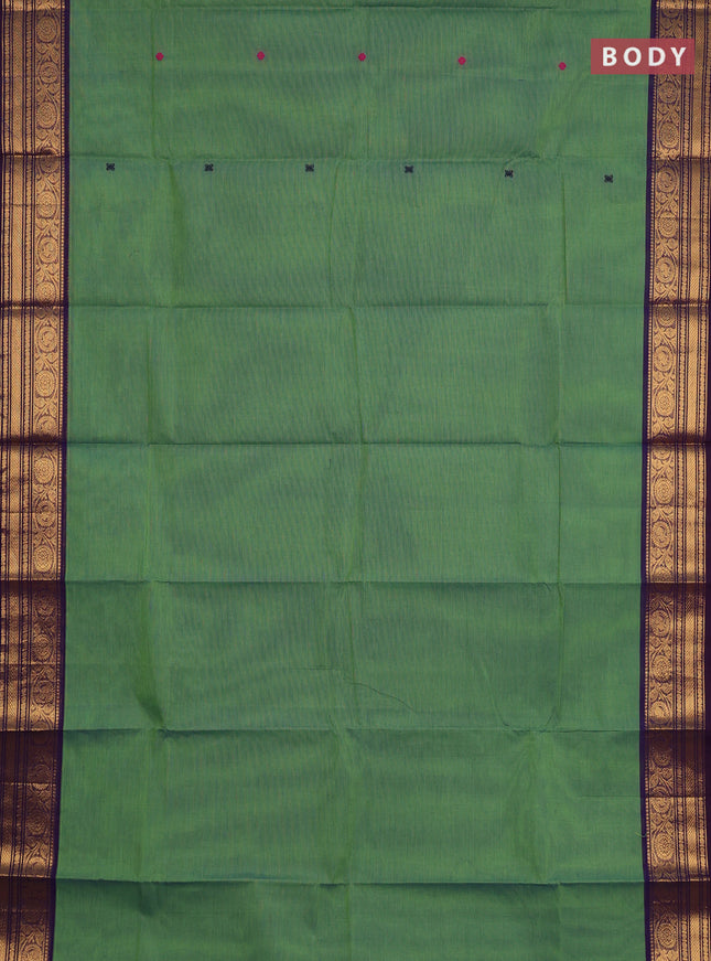 Chettinad cotton saree light green and violet with thread woven buttas and zari woven border