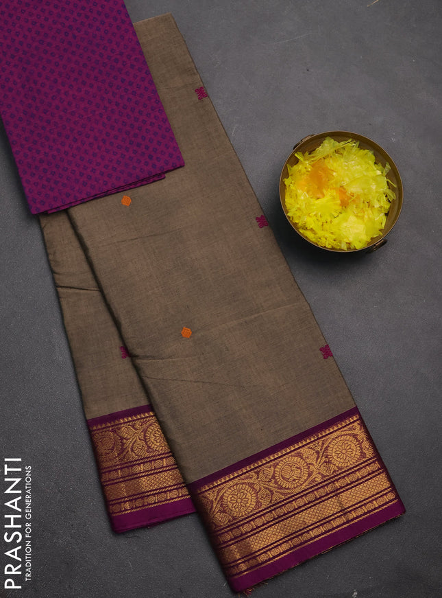 Chettinad cotton saree chiku and purple with thread woven buttas and zari woven border