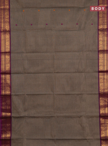 Chettinad cotton saree chiku and purple with thread woven buttas and zari woven border