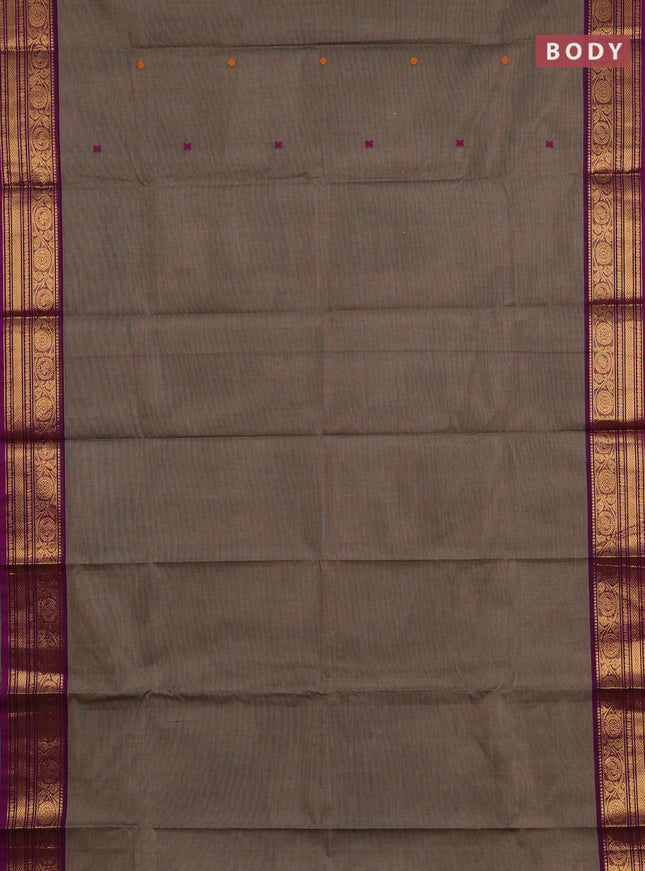 Chettinad cotton saree chiku and purple with thread woven buttas and zari woven border