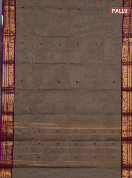 Chettinad cotton saree chiku and purple with thread woven buttas and zari woven border