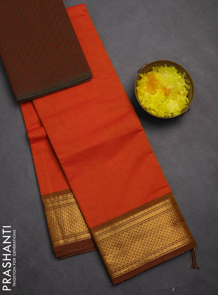 Chettinad cotton saree rust and rust shade with plain body and zari woven border