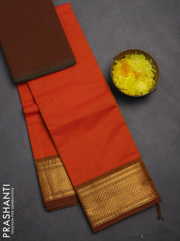 Chettinad cotton saree rust and rust shade with plain body and zari woven border