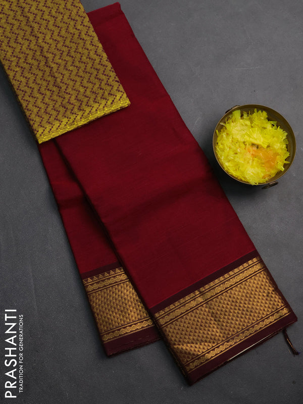 Chettinad cotton saree maroon and mustard green with plain body and zari woven border