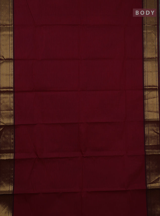 Chettinad cotton saree maroon and mustard green with plain body and zari woven border