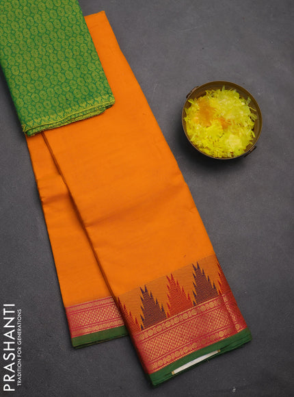 Chettinad cotton saree orange and light green with plain body and temple design thread & zari woven border