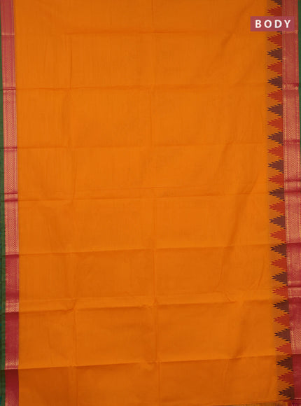 Chettinad cotton saree orange and light green with plain body and temple design thread & zari woven border