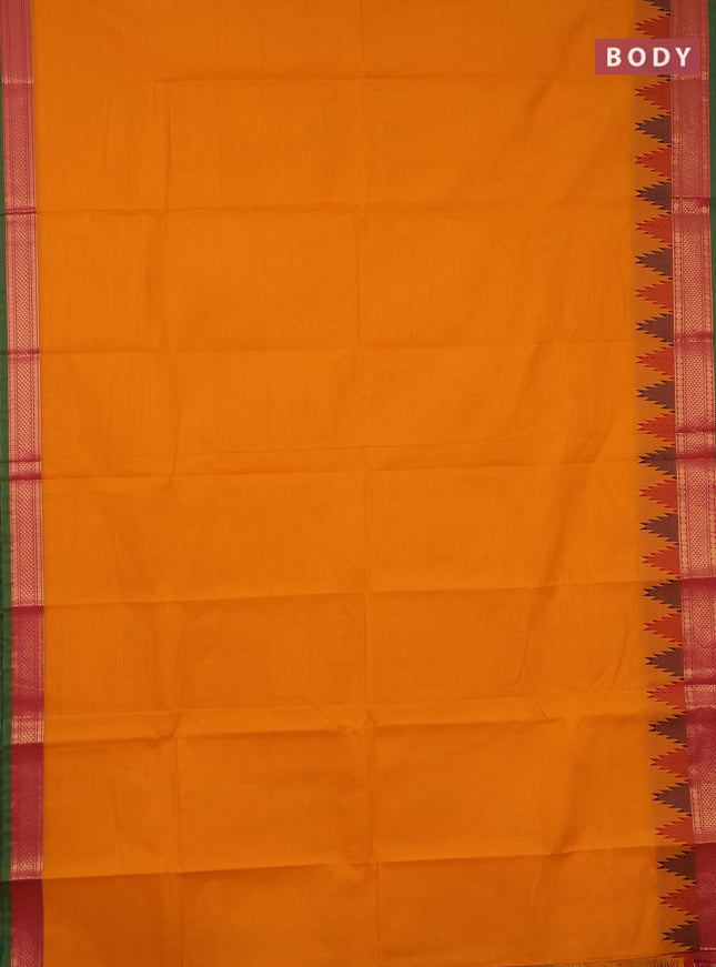 Chettinad cotton saree orange and light green with plain body and temple design thread & zari woven border