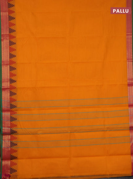 Chettinad cotton saree orange and light green with plain body and temple design thread & zari woven border