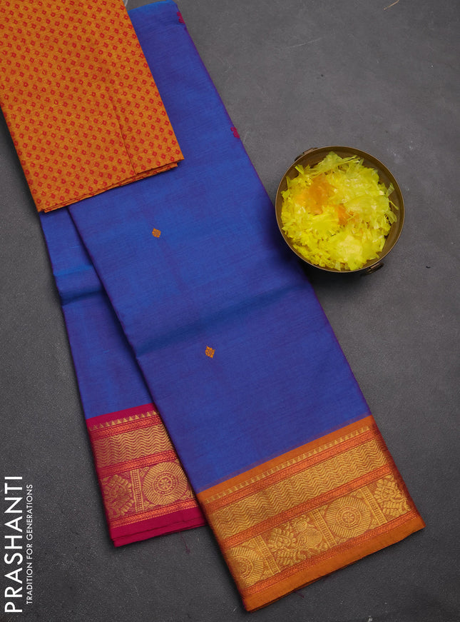 Chettinad cotton saree blue and mustard yellow with thread woven buttas and ganga jamuna border