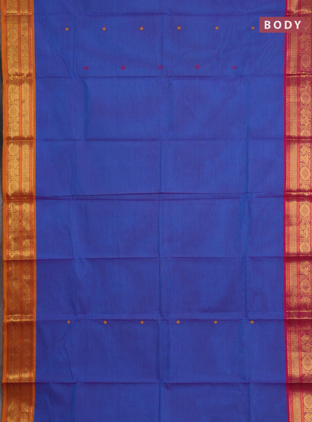 Chettinad cotton saree blue and mustard yellow with thread woven buttas and ganga jamuna border
