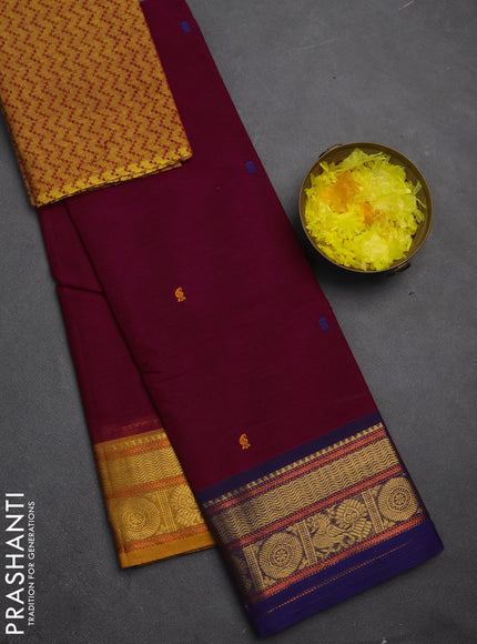 Chettinad cotton saree magenta pink and mustard yellow with thread woven buttas and ganga jamuna border