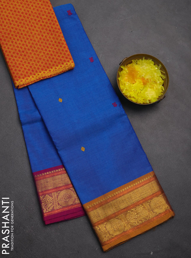Chettinad cotton saree blue and mustard yellow with thread woven buttas and ganga jamuna border