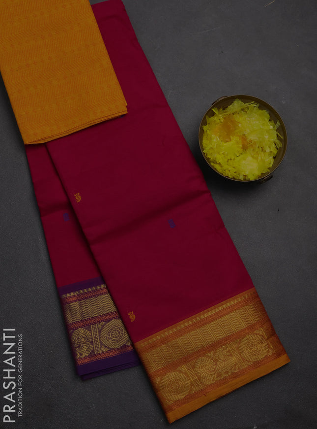 Chettinad cotton saree pink and mustard yellow with thread woven buttas and ganga jamuna border