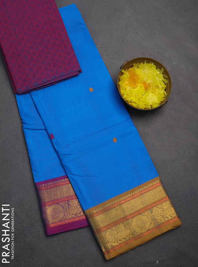 Chettinad cotton saree cs blue and purple with thread woven buttas and ganga jamuna border