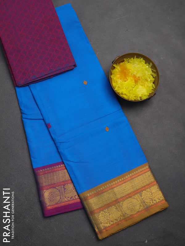 Chettinad cotton saree cs blue and purple with thread woven buttas and ganga jamuna border