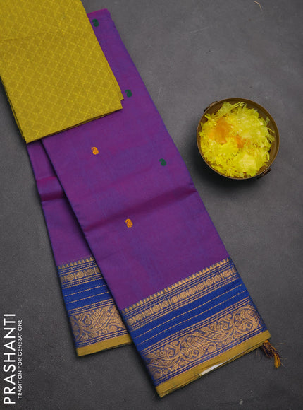 Chettinad cotton saree purple and lime green with thread woven buttas and zari woven border