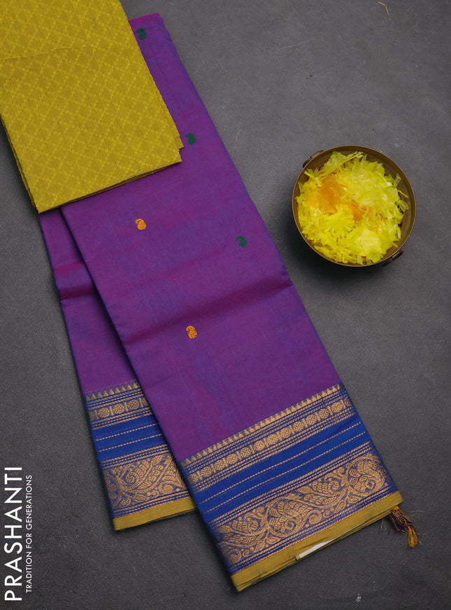 Chettinad cotton saree purple and lime green with thread woven buttas and zari woven border
