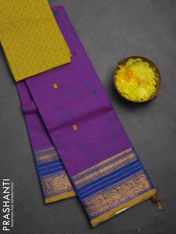 Chettinad cotton saree purple and lime green with thread woven buttas and zari woven border