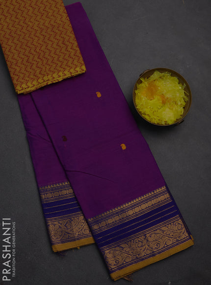 Chettinad cotton saree purple and mustard yellow with thread woven buttas and zari woven border