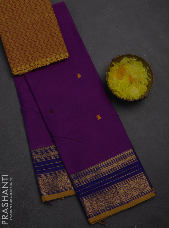 Chettinad cotton saree purple and mustard yellow with thread woven buttas and zari woven border