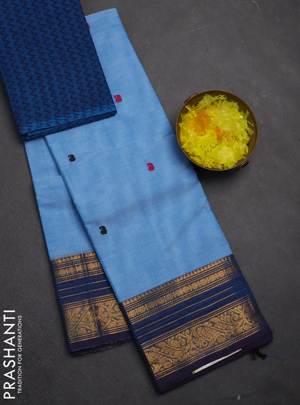 Chettinad cotton saree light blue and peacock blue with thread woven buttas and zari woven border