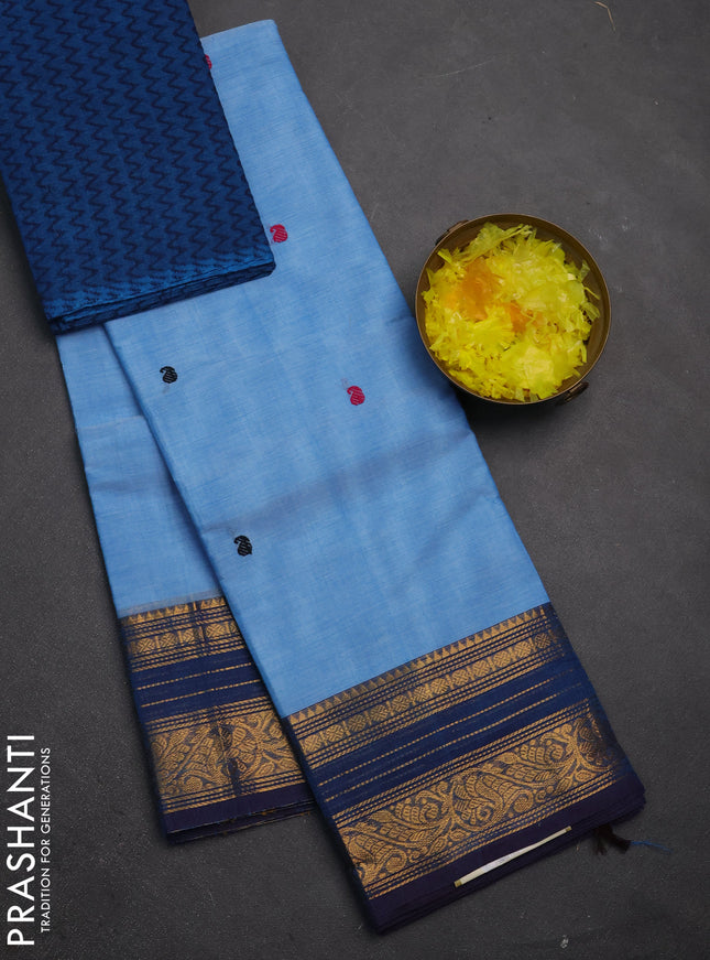 Chettinad cotton saree light blue and peacock blue with thread woven buttas and zari woven border