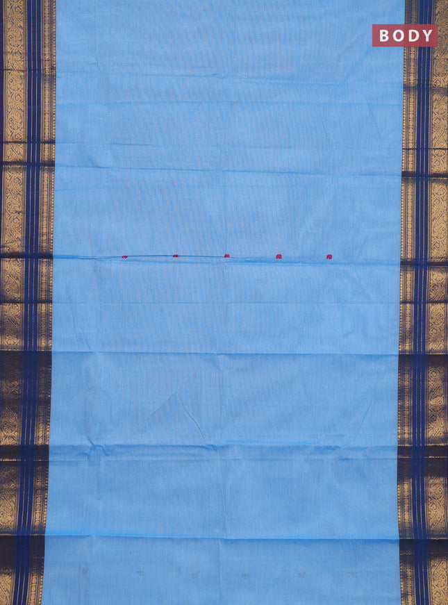 Chettinad cotton saree light blue and peacock blue with thread woven buttas and zari woven border
