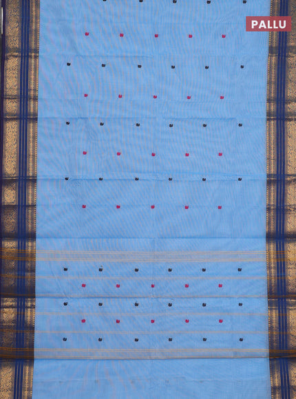 Chettinad cotton saree light blue and peacock blue with thread woven buttas and zari woven border