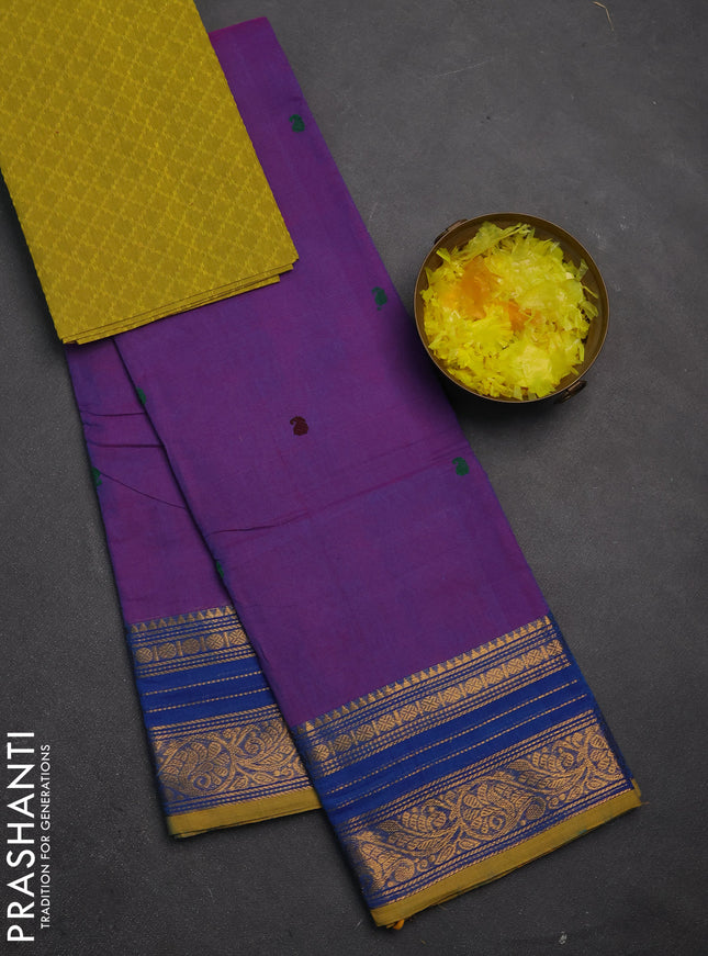 Chettinad cotton saree purple and mustard yellow with thread woven buttas and zari woven border