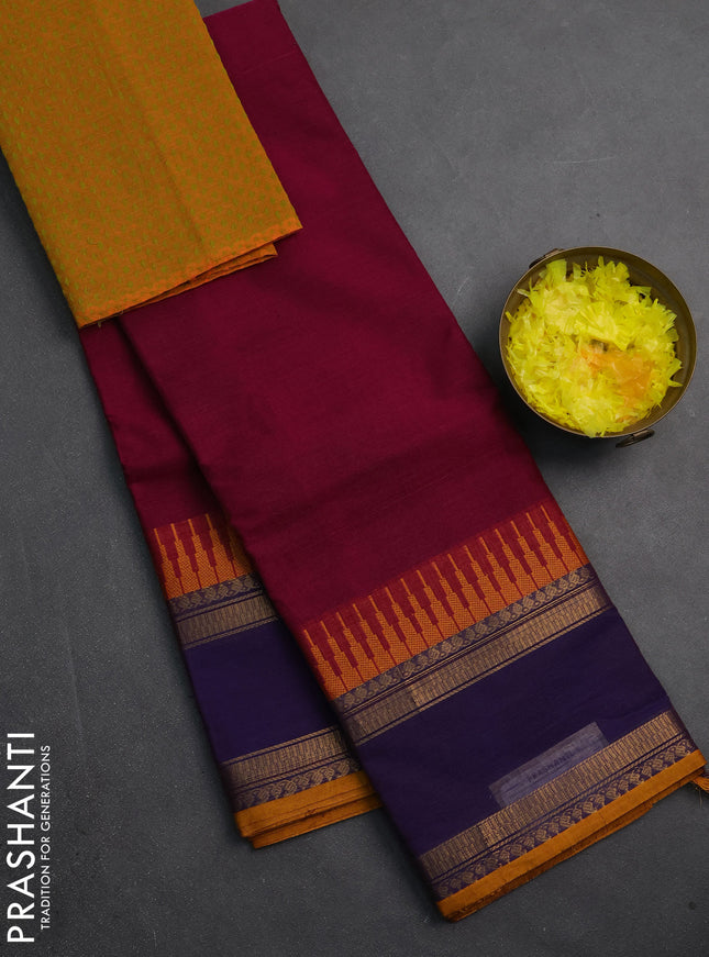 Chettinad cotton saree dark pink and mustard yellow with plain body and temple design rettapet zari woven border