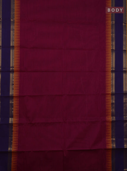 Chettinad cotton saree dark pink and mustard yellow with plain body and temple design rettapet zari woven border