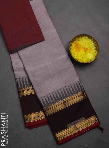 Chettinad cotton saree grey shade and maroon coffee brown with plain body and temple design rettapet zari woven border