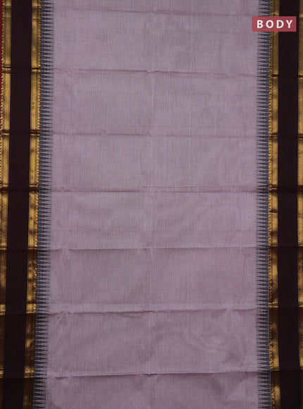Chettinad cotton saree grey shade and maroon coffee brown with plain body and temple design rettapet zari woven border