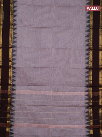 Chettinad cotton saree grey shade and maroon coffee brown with plain body and temple design rettapet zari woven border