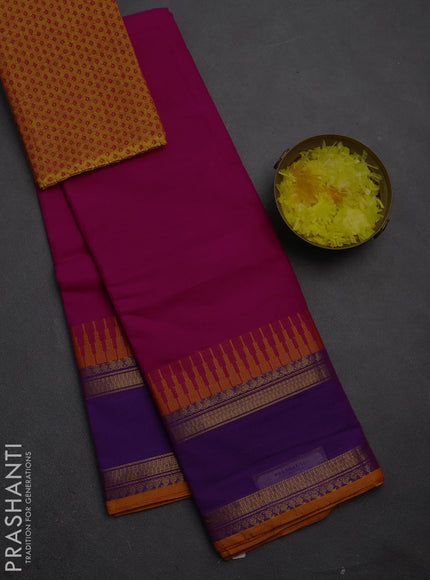 Chettinad cotton saree pink and purple yellow with plain body and temple design rettapet zari woven border