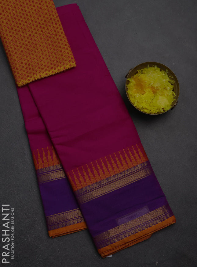 Chettinad cotton saree pink and purple yellow with plain body and temple design rettapet zari woven border