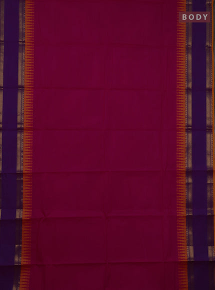 Chettinad cotton saree pink and purple yellow with plain body and temple design rettapet zari woven border