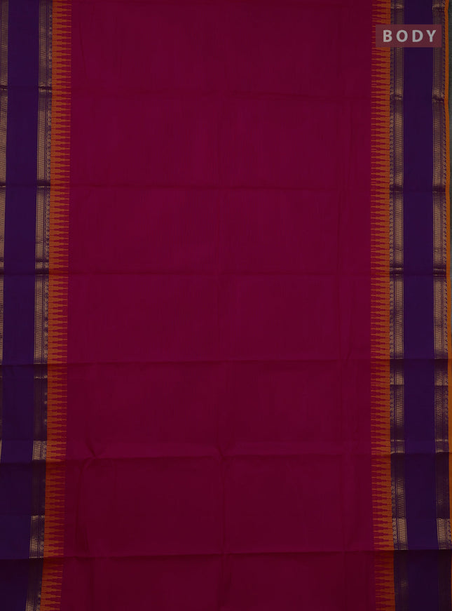 Chettinad cotton saree pink and purple yellow with plain body and temple design rettapet zari woven border
