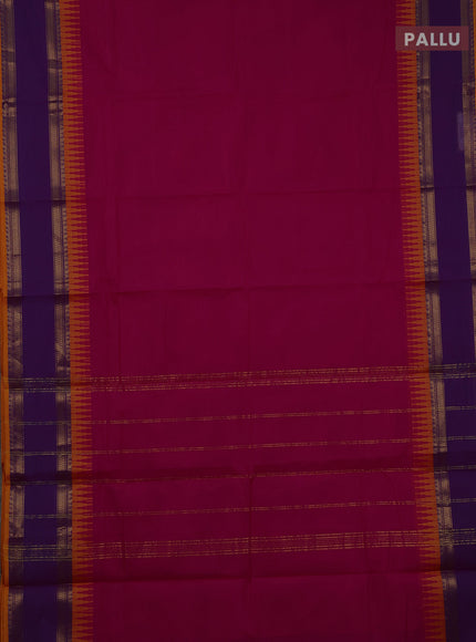 Chettinad cotton saree pink and purple yellow with plain body and temple design rettapet zari woven border