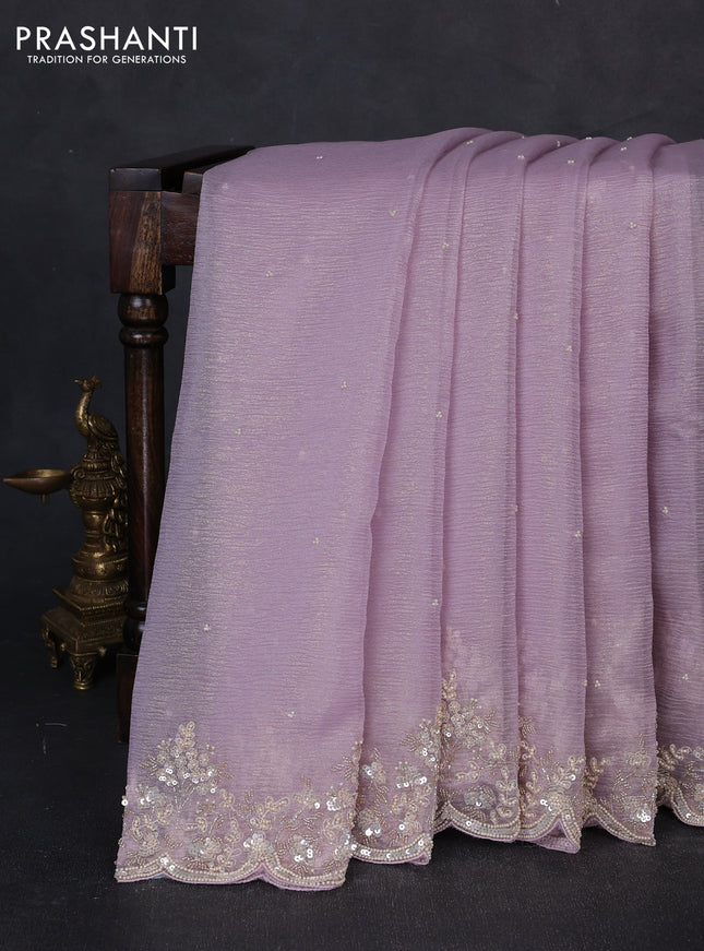 Crush tissue saree mild lavender with beaded work buttas and sequin & beaded embroidery pallu & border
